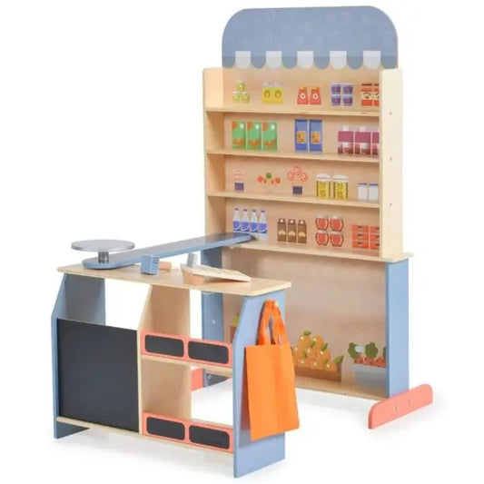 Wooden Supermarket set with cash register, scanner, scale, and shopping bag. Swing-out shelf, blackboard for specials, educational play for kids. Dimensions: 100 x 79 x 60 cm. Safe, durable wood construction.