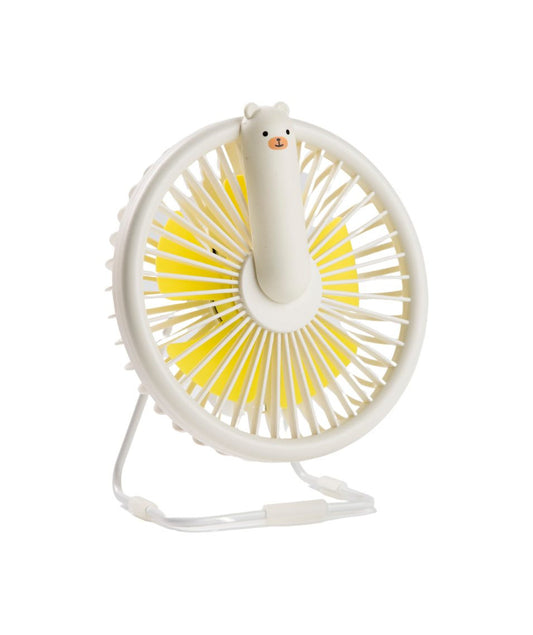 Portable Little Bear Fan Lamp with adjustable air flow, micro USB charging, and built-in light. Ideal for cooling on hot days and nights. Dimensions: 15.4 x 14.5 x 7.6 cm.