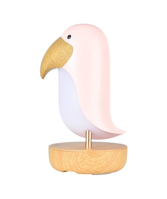 A pink and white bird-shaped night lamp with speaker, ideal for children's rooms and bird enthusiasts. Features wireless Bluetooth, adjustable brightness, and USB charging. Dimensions: 20 x 10.6 x 10.6 cm.