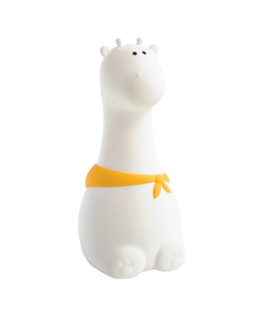 A white silicone giraffe lamp, soft to touch, with playful features like horns and a scarf. Portable, safe for kids, with 7-color lighting and 12-hour battery life.