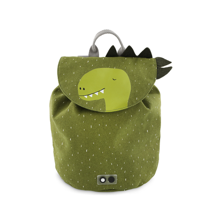 Mini Drawstring Backpack featuring Mr. Dino, a green bag with a cartoon dinosaur face, ideal for kids' adventures. Water repellent, washable, 100% cotton material, 5L capacity, perfect for snacks and a water bottle.