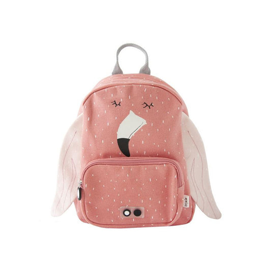 A pink backpack featuring a bird design, ideal for kids' adventures. Adjustable padded straps, chest strap, water-repellent coating, spacious compartments, and a name tag inside. Dimensions: 31 x 23 x 10 cm.