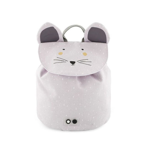 Mini Drawstring Backpack - Mrs Mouse, a roomy 100% cotton bag with a cat face design. Perfect for kids' adventures, water repellent, washable, and easy drawstring closure. Dimensions: 30 x 23 cm.