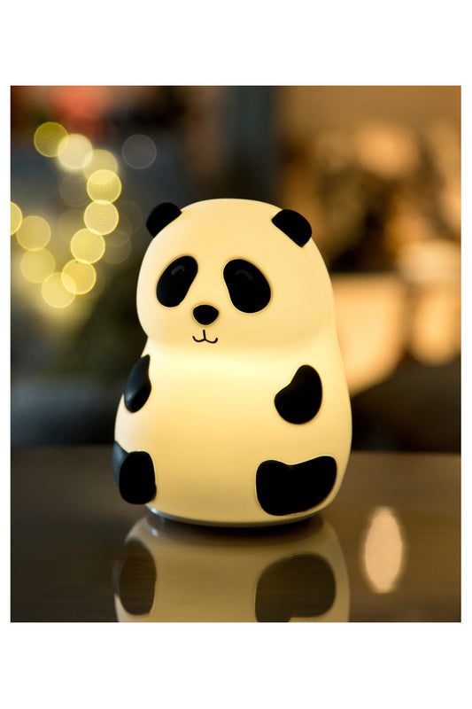 A small panda-shaped lamp made of soft silicone, perfect for children's comfort at night. Features touch control, 7-color lighting, USB Type-C charging, and automatic 2-hour shutoff. Safe, BPA-free, and portable.