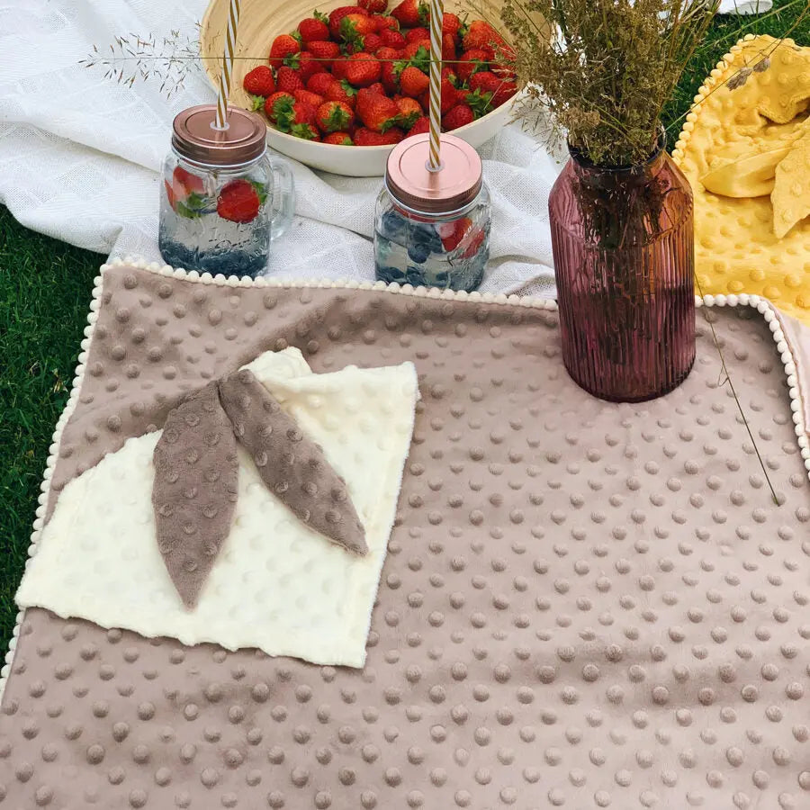 A 2in1 Blanket with Baby Comforter in Cappuccino, featuring plush Milky and satin fabrics, textured bubbles for sensory stimulation, and a bunny ears security toy. Dimensions: 80 x 80 cm.