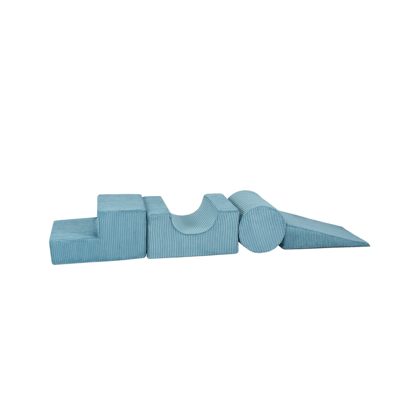 Aesthetic Shape Set 4-Elements - Turquoise featuring curved, soft blocks for imaginative play with removable velvet corduroy covers, enhancing children's creativity and development.