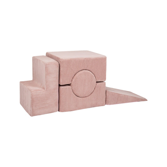 Aesthetic Shape Set 5-Elements - Powder Pink; features a pink corduroy cube, part of a versatile playset designed for children's imaginative construction and creativity.