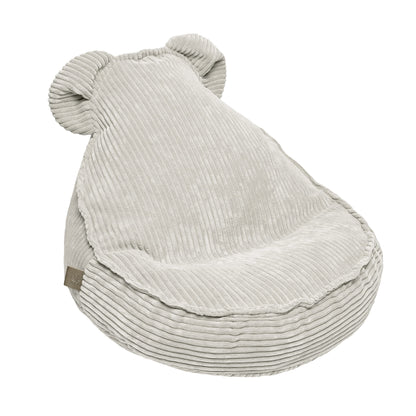 Aesthetic Velvet Bag Teddy Ecru: A bean bag shaped like a bear, featuring a bear-shaped pillow, designed for children's comfort and play, with a removable cover.