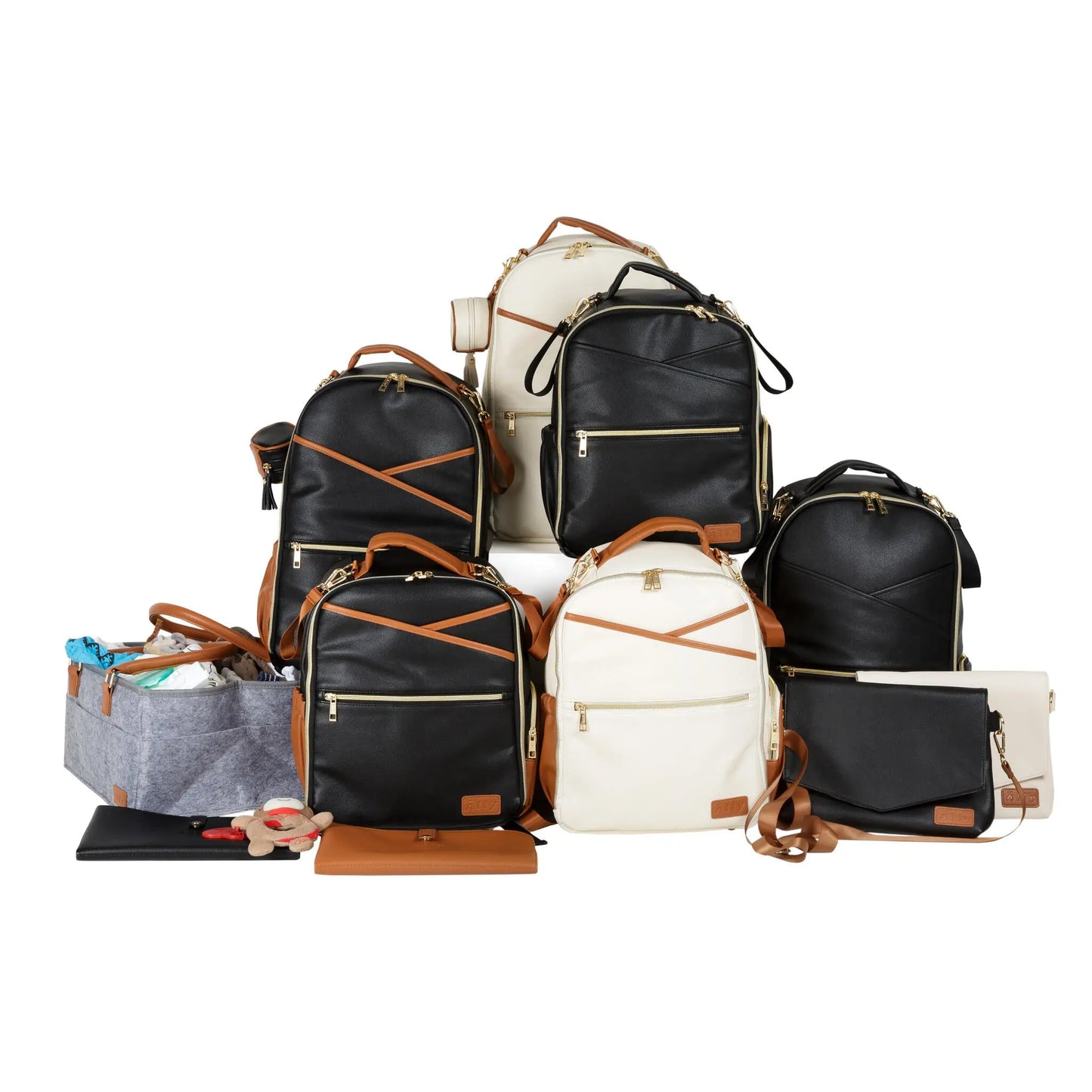 A group of black and brown backpacks, including a white and brown backpack, showcasing versatile handbag options with long and wrist straps for convenient carrying.