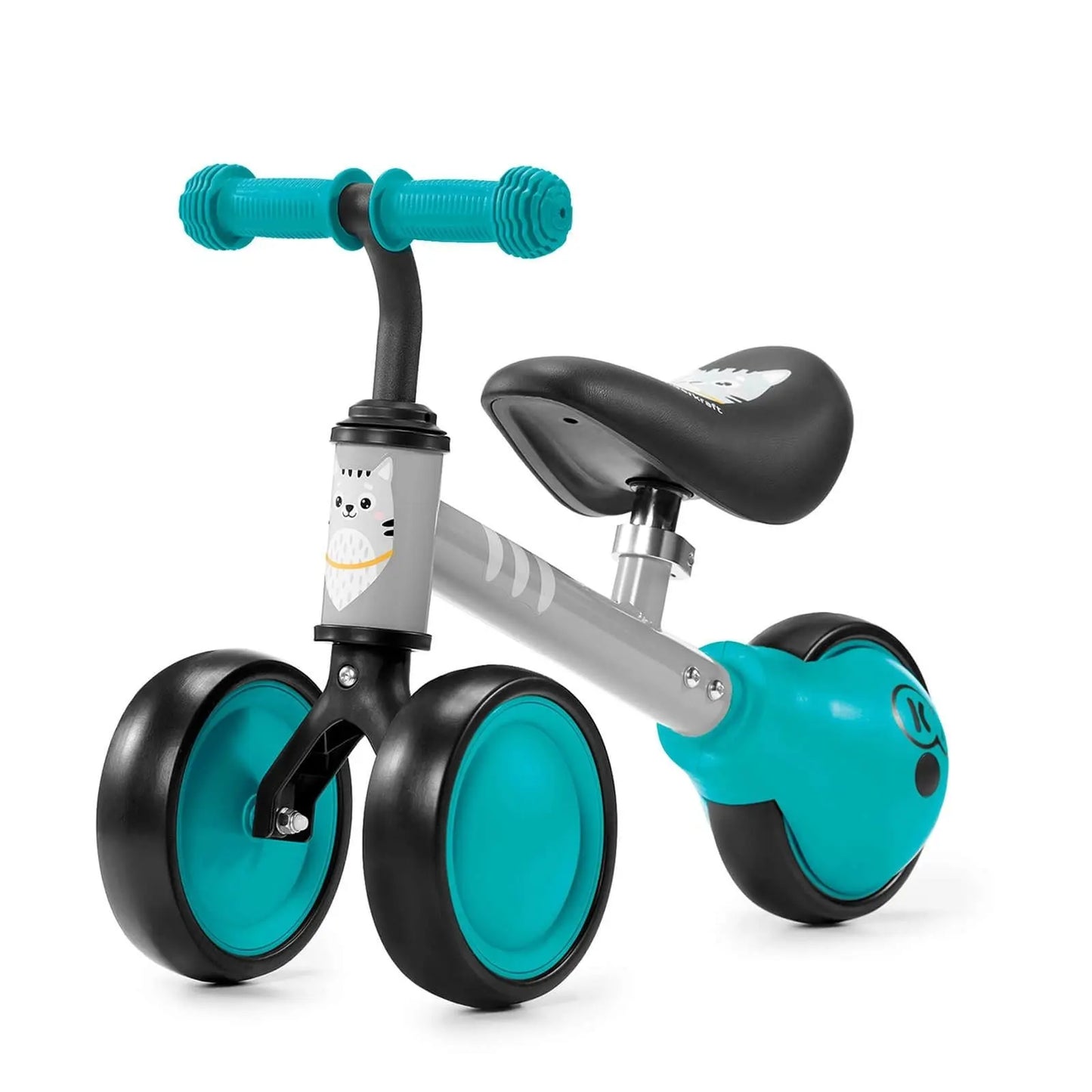 A blue and black balance bike with a kitten print, rubber handles, ball-bearing rear wheel, adjustable saddle, and strong steel frame.