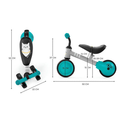 A diagram showing a balance bike CUTIE with a kitten print, adjustable saddle, ball-bearing rear wheel, rubber non-slip handles, and a strong steel frame for safe and enjoyable play.