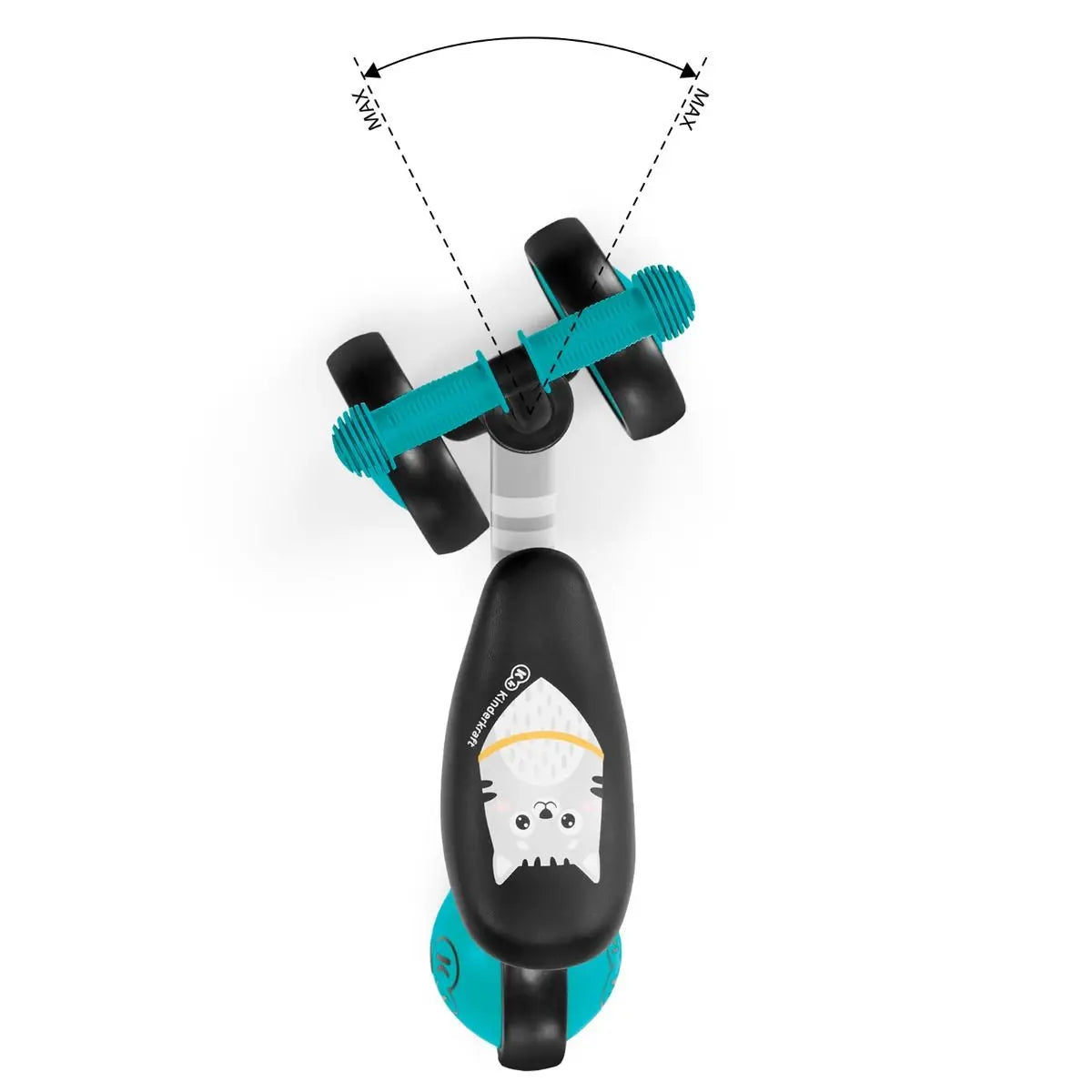 A turquoise balance bike for toddlers featuring a kitten print, adjustable saddle, rubber non-slip handles, and a durable steel frame. Ideal for teaching balance and safe play.