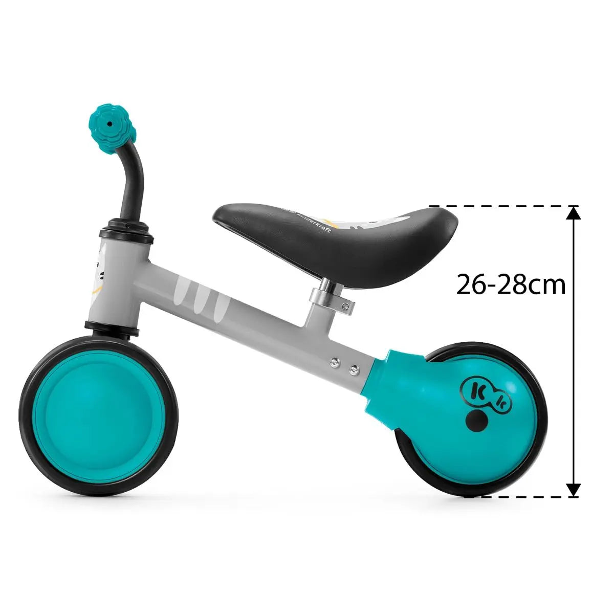 A blue and black balance bike with a kitten print, adjustable saddle, rubber handles, ball-bearing rear wheel, and a strong steel frame for safe and fun play.