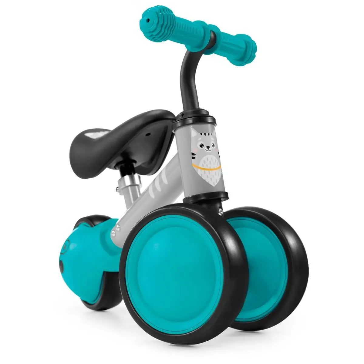 A blue and black tricycle with a kitten print, rubber handles, adjustable saddle, ball-bearing rear wheel, and a strong steel frame for safe and fun balance bike CUTIE play.