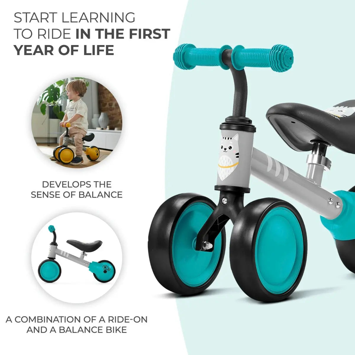 Child on a turquoise balance bike with kitten print, adjustable saddle, rubber handles, ball-bearing rear wheel, and steel frame for safe, durable play.