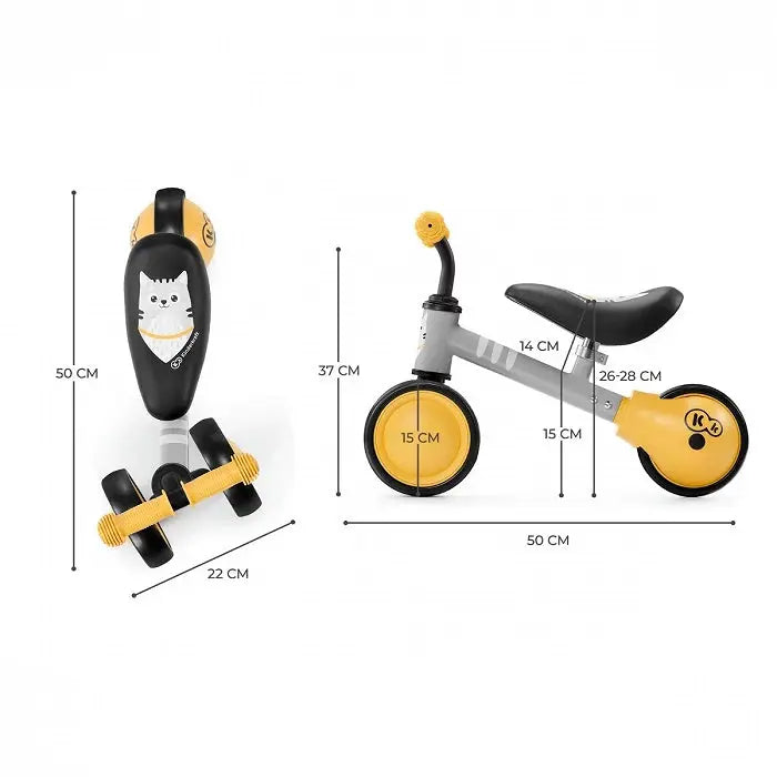 A yellow balance bike with a kitten print. Features adjustable saddle, rubber handles, ball-bearing rear wheel, and a strong steel frame for safe and enjoyable play.