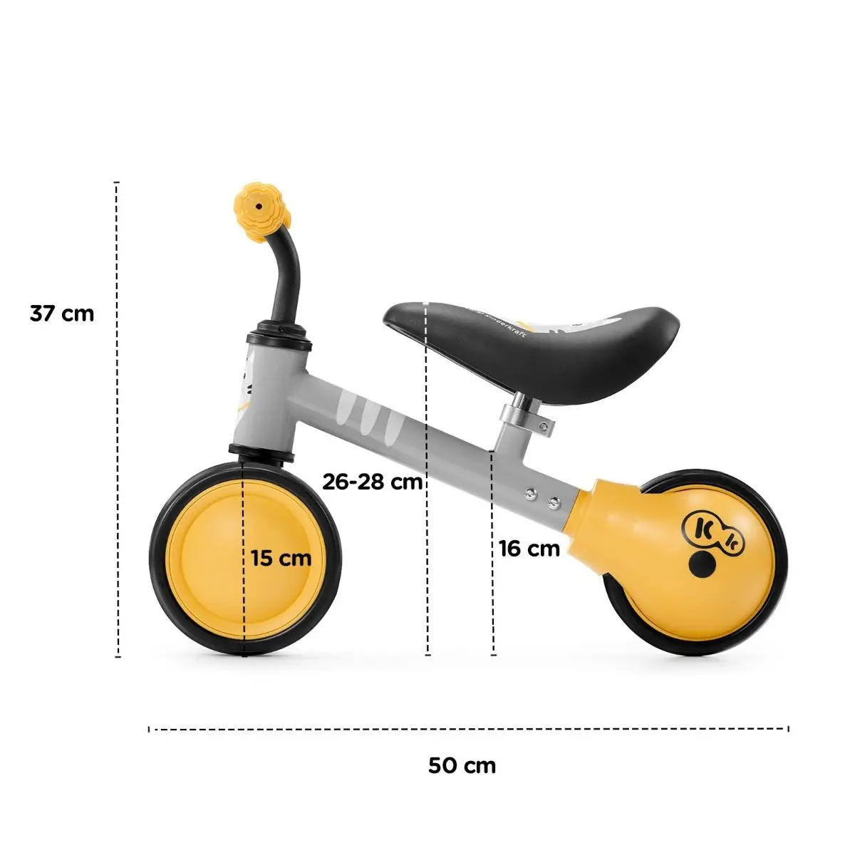 A yellow balance bike with a kitten print, rubber handles, adjustable saddle, ball-bearing rear wheel, and a strong steel frame for safe and durable play.