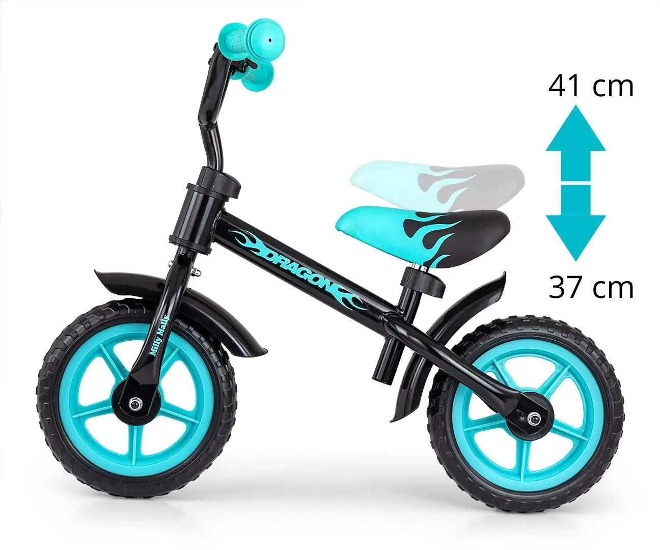 A Milly Mally Dragon balance bike with stable metal frame, adjustable seat and handlebar height, non-slip grips, ball-bearing rear wheels, EVA foam maintenance-free wheels, 10 wheel diameter, and 20 kg capacity.