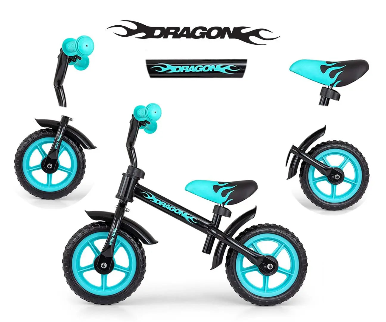 A black balance bike with a dragon design, featuring adjustable seat and handlebar heights, non-slip grips, and 10-inch EVA foam wheels. Suitable for children aged 2 and up.