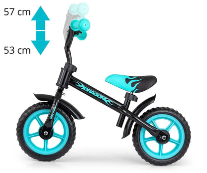 Balance Bike DRAGON - Black: A sturdy metal frame, adjustable seat and handlebar heights, non-slip grips, EVA foam wheels, and a bike bell for kids aged 2 and up.