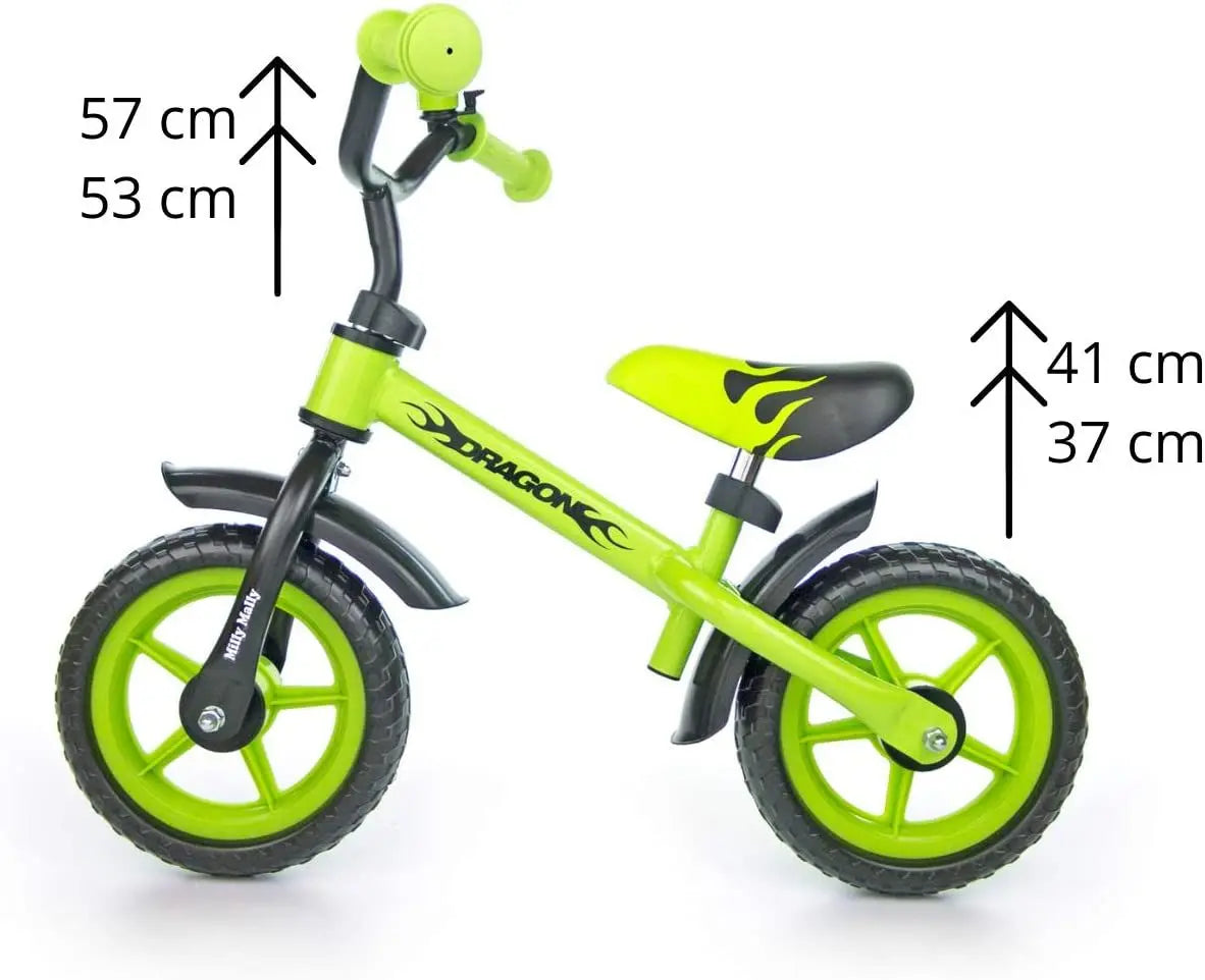 Milly Mally Dragon balance bike for kids aged 2+, featuring a sturdy metal frame, adjustable seat and handlebar heights, non-slip grips, ball-bearing rear wheels, EVA foam maintenance-free 10 wheels, and a 20 kg capacity.