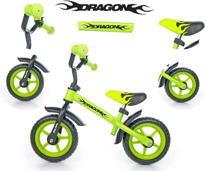 A Milly Mally Dragon balance bike featuring a sturdy metal frame, adjustable seat and handlebar heights, non-slip grips, ball-bearing rear wheels, and maintenance-free EVA foam wheels. Ideal for children aged 2 and up.