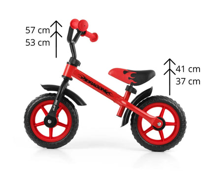 Milly Mally Dragon balance bike with adjustable seat and handlebar heights, non-slip grips, and EVA foam wheels. Ideal for children aged 2 and up.