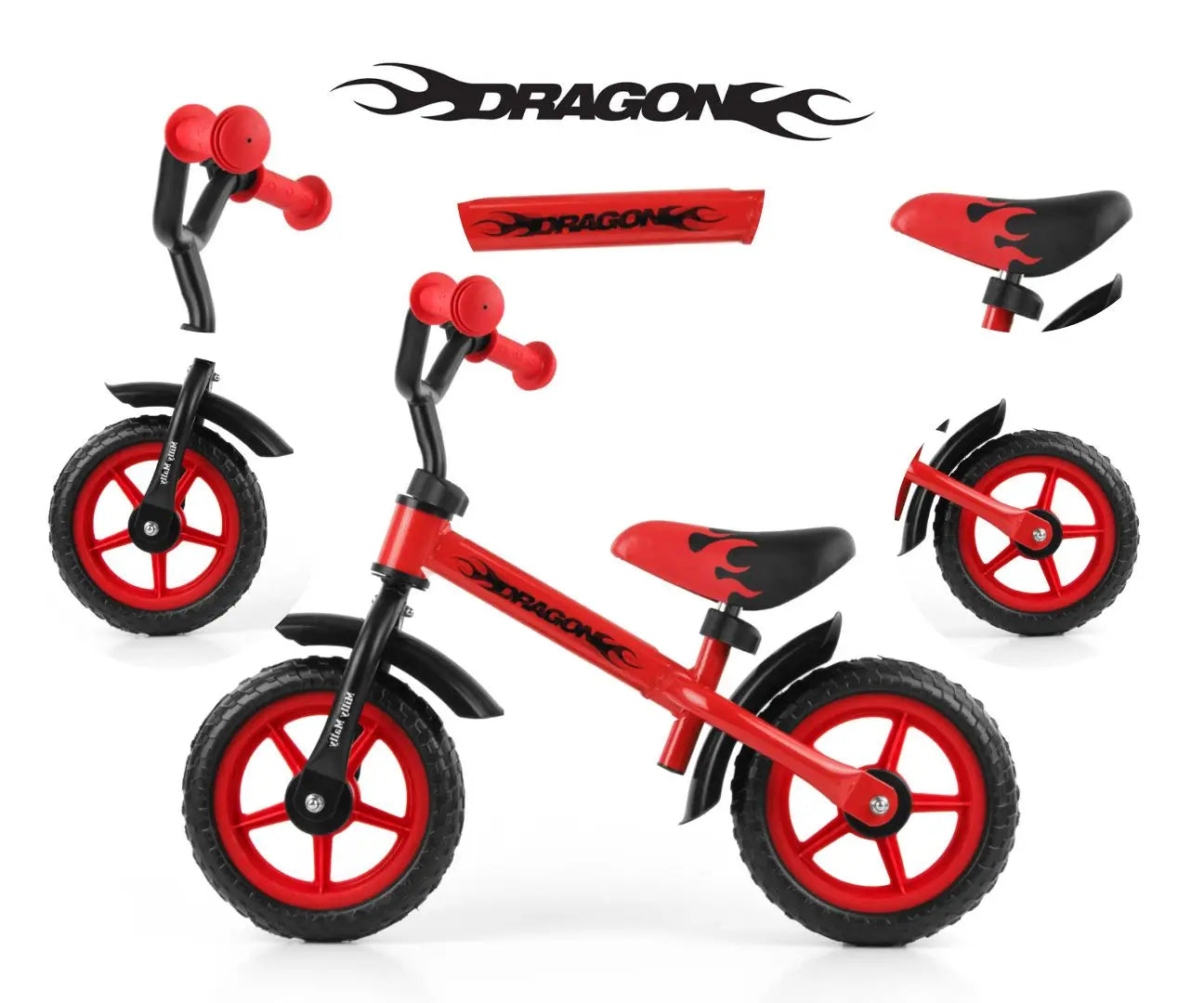 A red and black children's balance bike with flame design on the seat. Adjustable seat and handlebar height, non-slip grips, and maintenance-free EVA foam wheels. Ideal for kids aged 2 and up.