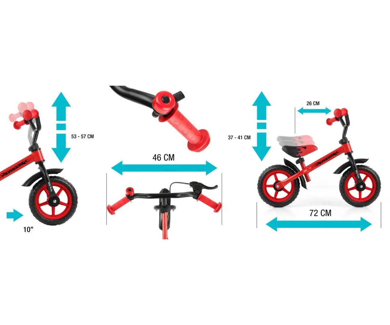 A red Milly Mally Dragon balance bike for children aged 2+, featuring adjustable seat and handlebar heights, non-slip grips, EVA foam wheels, and a maximum weight capacity of 20 kg.