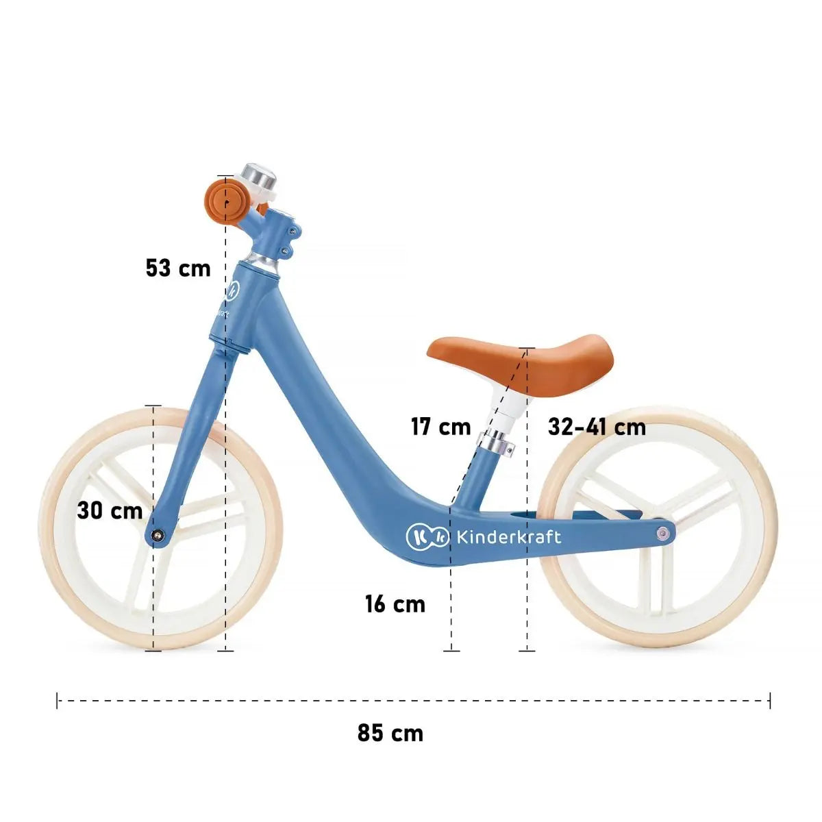 A blue and white FLY PLUS balance bike with puncture-proof foam wheels, ergonomic saddle, and limited turning handlebar for safe, comfortable rides.