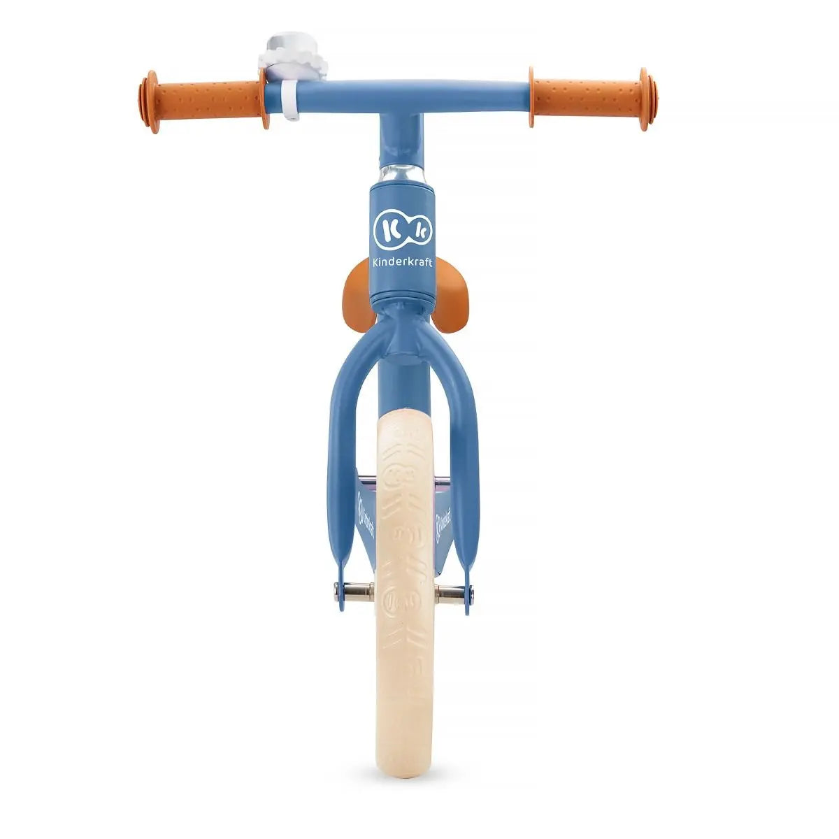 A blue and white FLY PLUS balance bike with lightweight frame, puncture-proof foam wheels, adjustable saddle, and limited turning range handlebar for safe, comfortable rides.