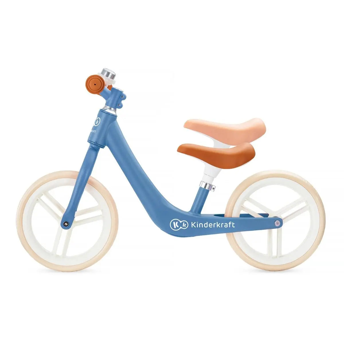 A close-up of a blue and white balance bike FLY PLUS with puncture-proof foam wheels, ergonomic saddle, and limited turning handlebar for safe, comfortable rides.