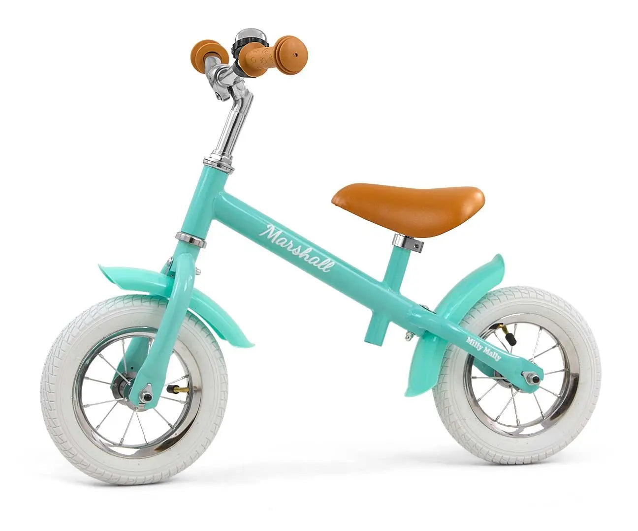 A blue and white balance bike named MARSHALL with adjustable saddle and handlebar height, 10 air tires, sturdy frame, soft saddle, and non-slip grips. Supports motor skills and coordination.