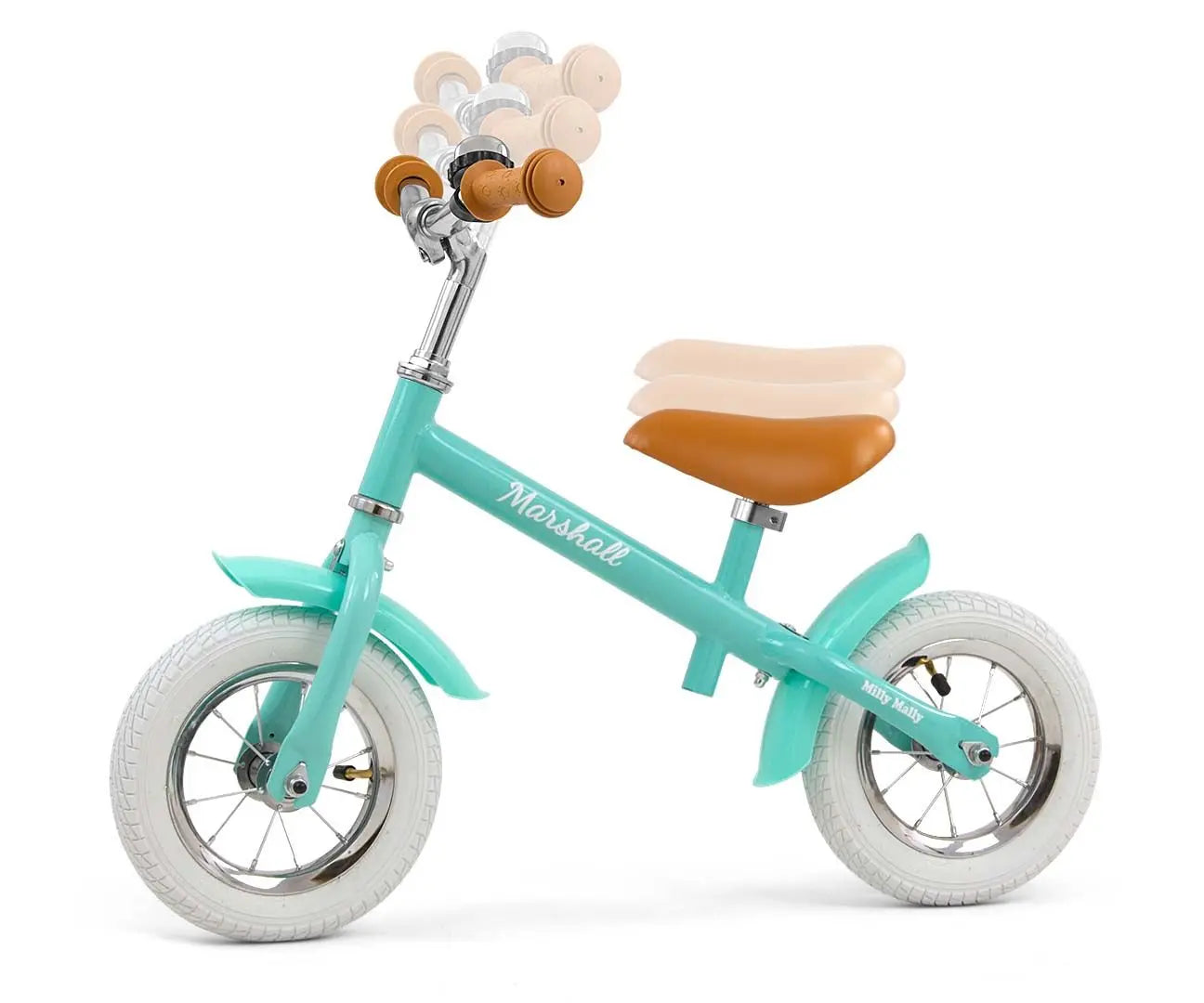 A blue and white balance bike named MARSHALL with adjustable saddle and handlebar height, 10 air tires, sturdy frame, soft saddle, and non-slip grips. Supports up to 20 kg, ideal for ages 2+.