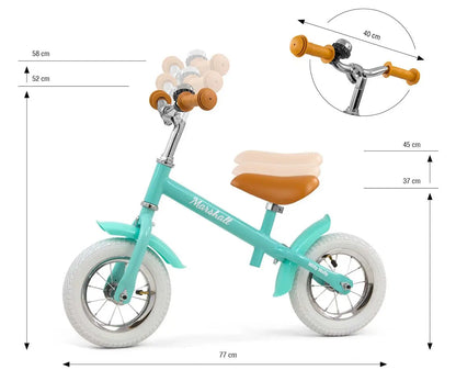 Balance Bike MARSHALL: Blue and white bicycle with adjustable saddle and handlebar height, 10 air tires, sturdy frame, soft saddle, non-slip grips. Develops balance, motor skills. Maximum load 20 kg.