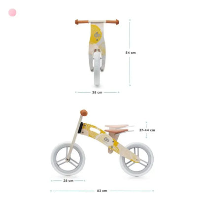 Wooden balance bike with yellow and white wheel, anti-slip rubber grips, birch wood frame, and 12-inch EVA foam tires. Ideal for kids aged 3+, promoting balance and coordination.