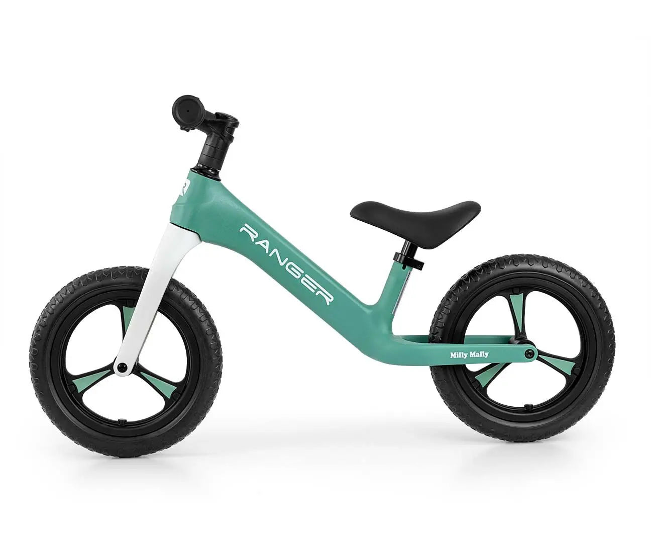 A green and white balance bike with adjustable seat height, bearing-mounted steering, lightweight frame, slip-resistant grips, soft contoured seat, and puncture-proof 12-inch wheels. Ideal for children 2+ years, up to 25 kg.