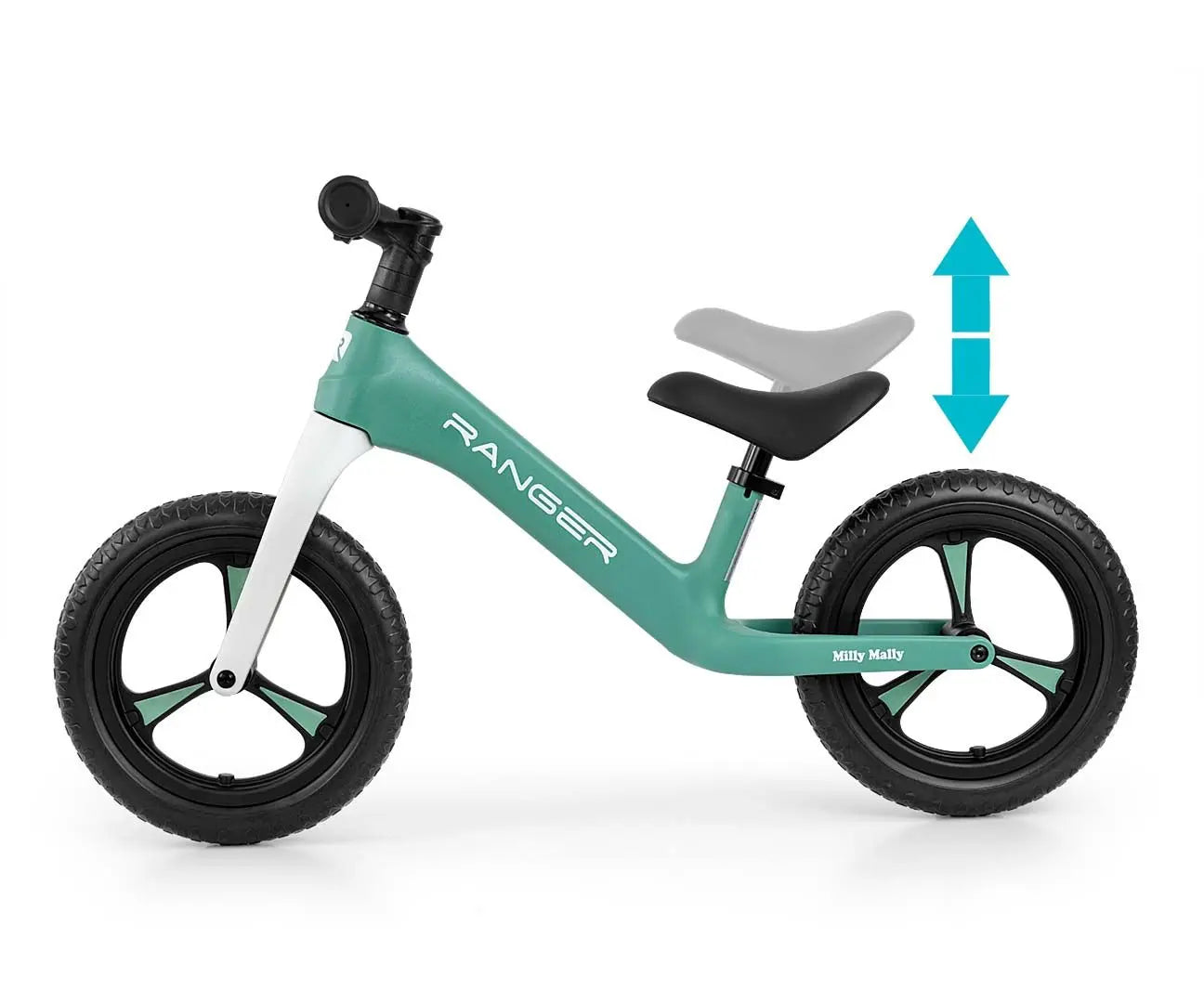 A green and white balance bike with adjustable seat height, bearing-mounted steering, lightweight composite frame, slip-resistant handles, soft contoured seat, and 12-inch puncture-proof EVA wheels. Ideal for kids 2+ years, up to 25 kg.