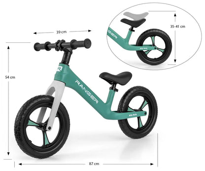 A balance bike for young explorers, the Milly Mally Ranger features adjustable seat height, bearing-mounted steering, lightweight frame, slip-resistant handles, soft contoured seat, and puncture-proof EVA wheels.