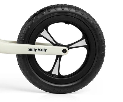 A close-up of a white balance bike wheel with tire, rim, and spokes visible. Adjustable seat height, bearing-mounted steering, lightweight frame, and puncture-proof EVA wheels for children's outdoor adventures.