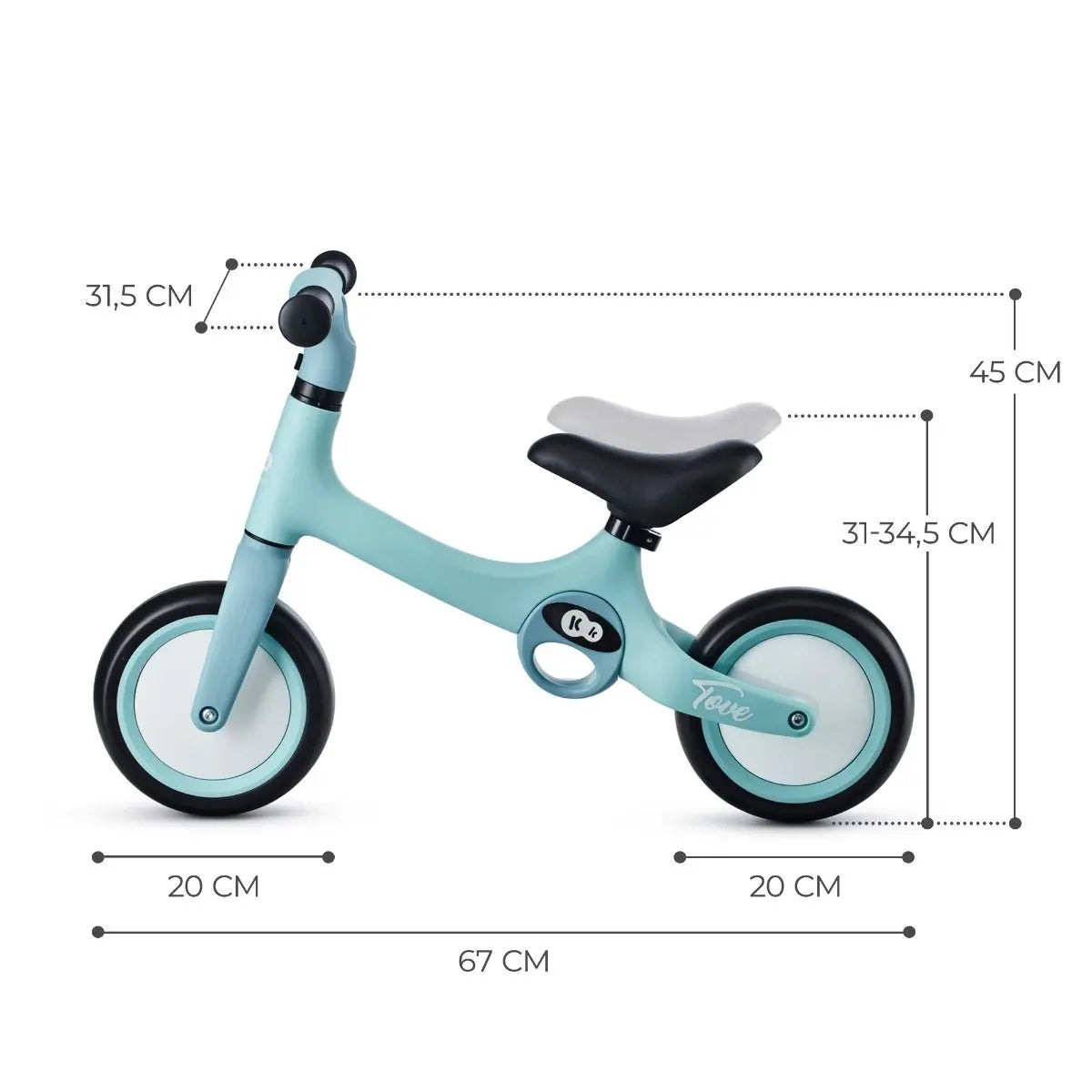 A lightweight TOVE balance bike with puncture-resistant foam wheels, adjustable seat, and two carry handles for toddlers' comfort and development.