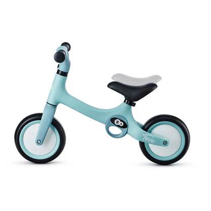 A blue and black balance bike with puncture-resistant foam wheels, adjustable seat, and two carry handles for toddlers. Lightweight and durable, ideal for developing balance and motor skills.