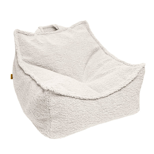 Bearly Square Bag Cream: A white bean bag chair with a handle, designed for children's comfort and safety, featuring a removable, washable cover.