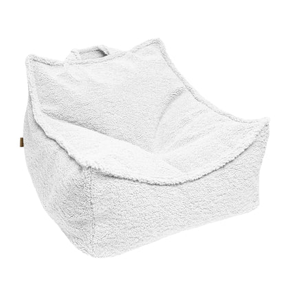 Bearly Square Bag White bean bag chair with handle, designed for children's comfort and safety, featuring a removable, washable cover for easy maintenance.