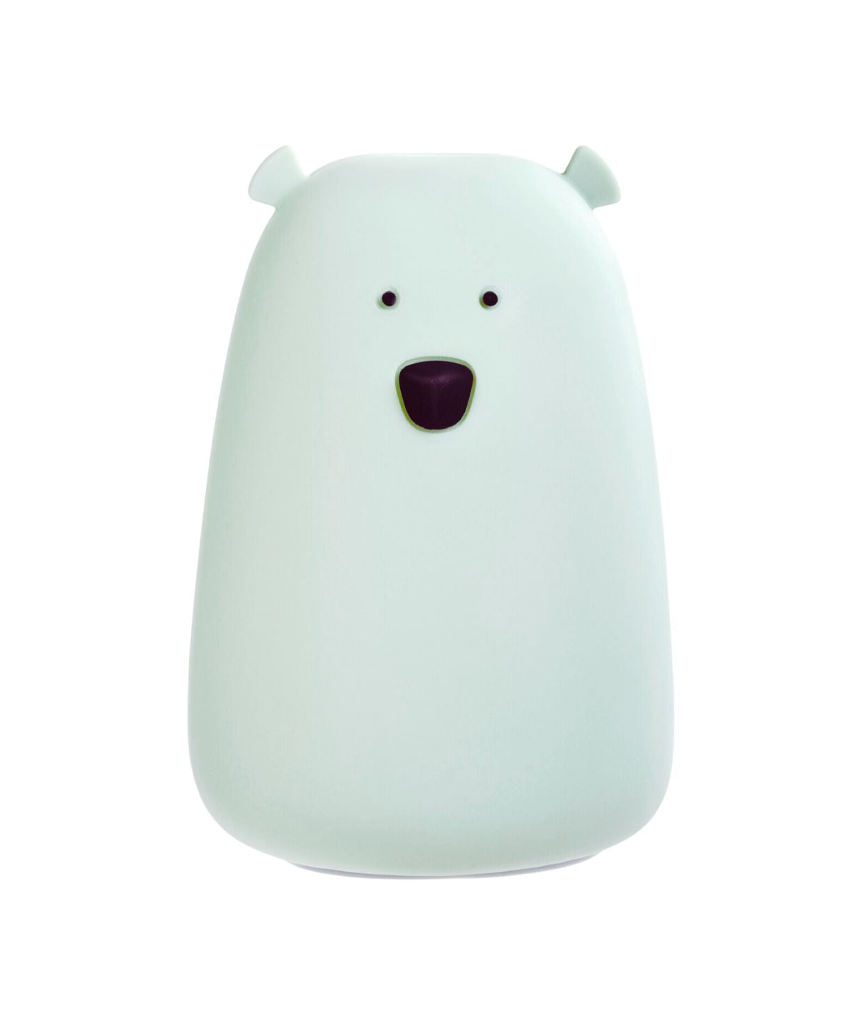 A white silicone lamp in the shape of a teddy bear with black eyes and nose, providing comforting light for children's bedtime routines.