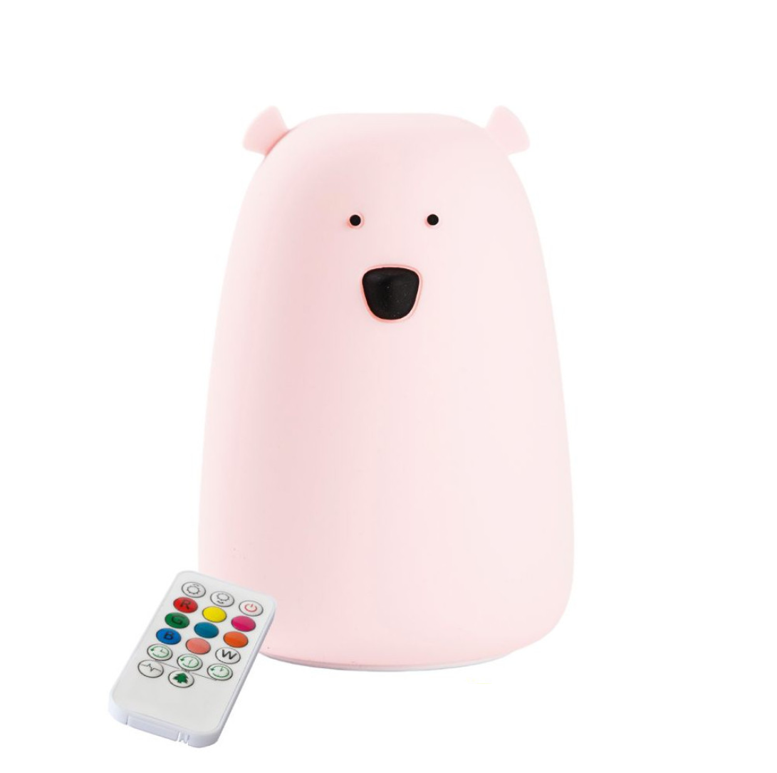 A pink bear-shaped silicone lamp with a remote control, featuring a charming teddy bear design, soft touch, 7-color glow, and multifunctional remote for easy use.