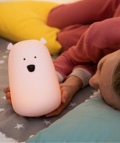 A soft, touchable Big Bear Silicone Lamp with remote control, featuring a charming teddy bear design, ideal for comforting children at night. Includes 7 color options, gentle light, and intuitive operation.