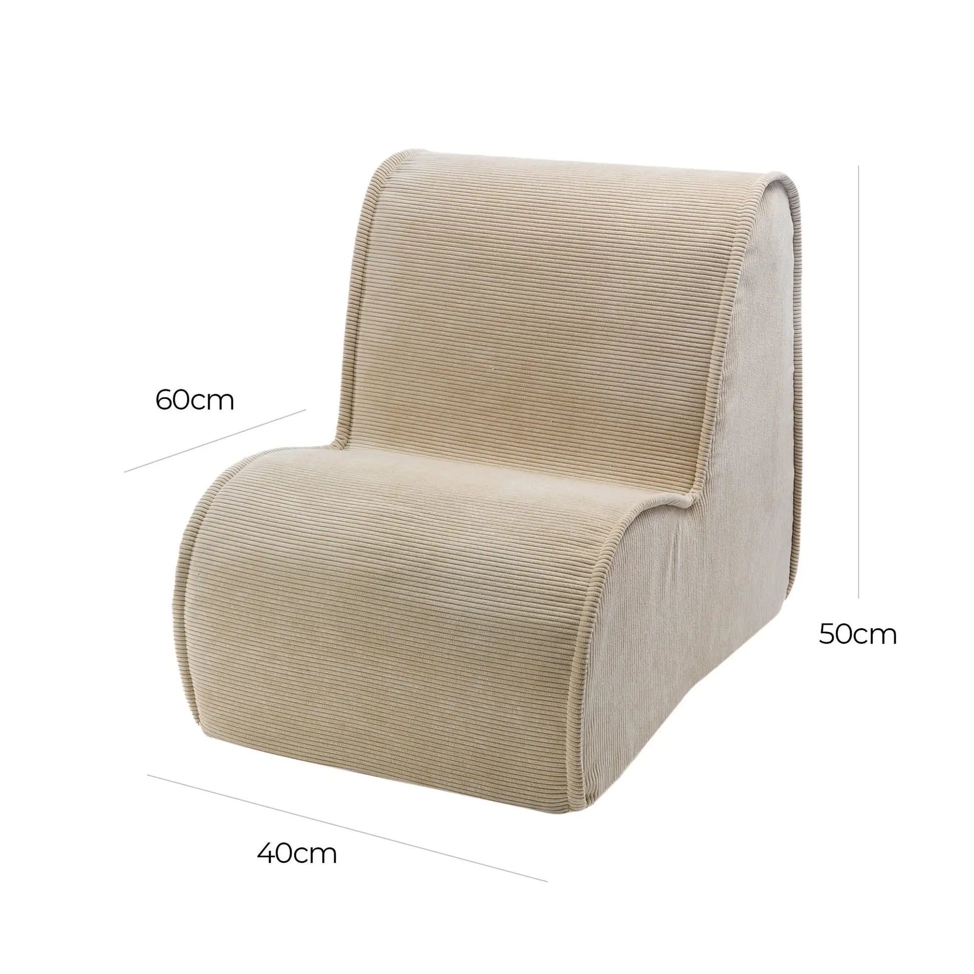 A close-up of a child's Corduroy Armchair in Sand color, featuring corduroy fabric cover, foam filling, washable cover, and ergonomic design for comfort and play.