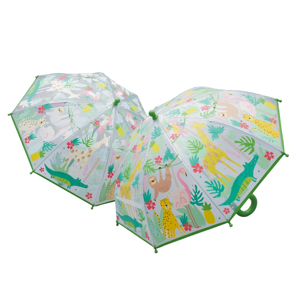 Color Changing Umbrella - Jungle features animal and plant designs, changes color in rain, includes Velcro fastener, suitable for ages 3+.