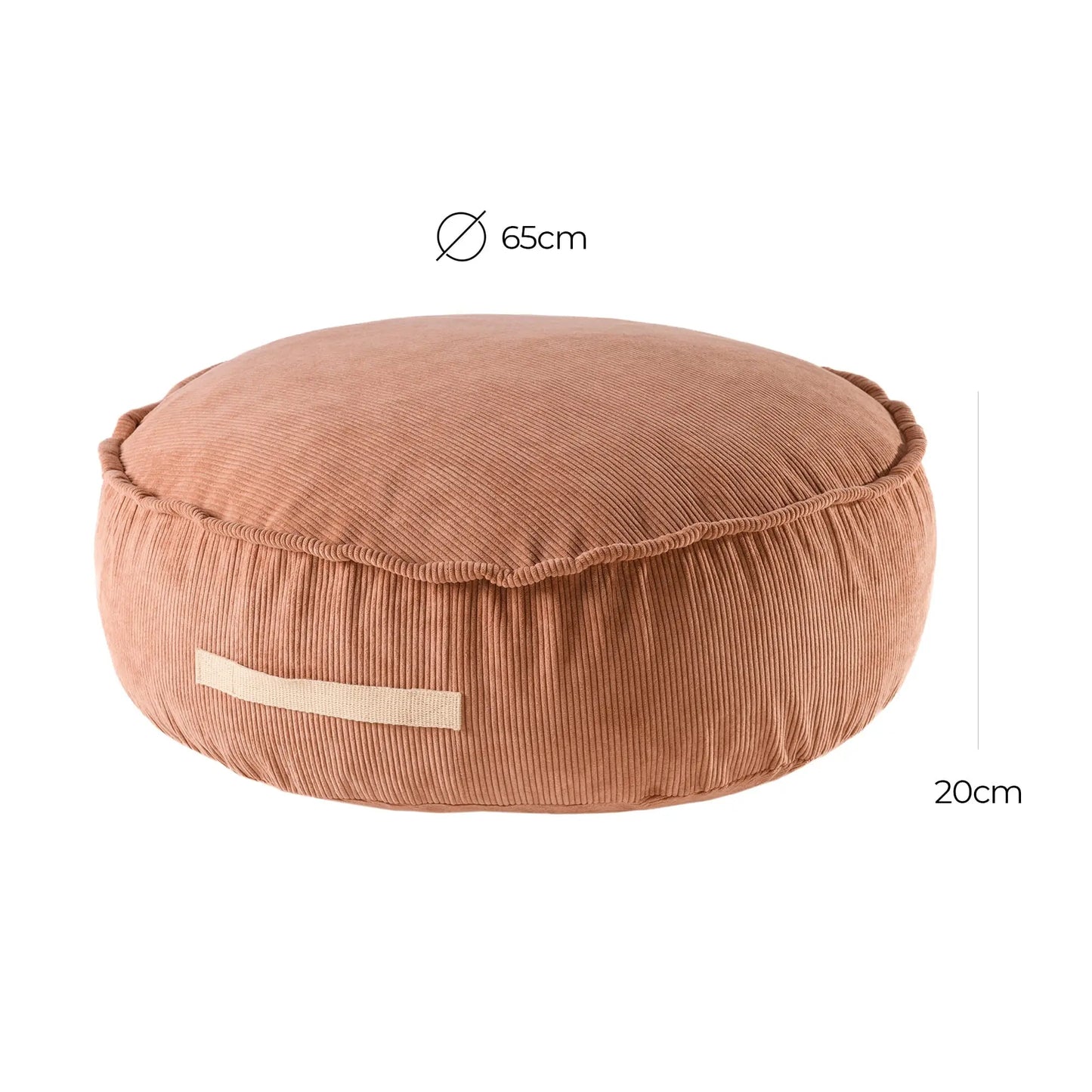 A close-up of a round corduroy pouf for children, featuring a designer shade. Practical dimensions of 65 cm diameter and 20 cm height, with washable cover and foam filling.